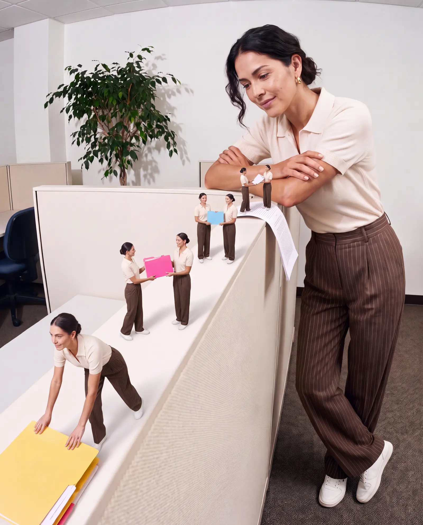 A lawyer leaning on a cubicle wall while small copies of her pass files along the top
