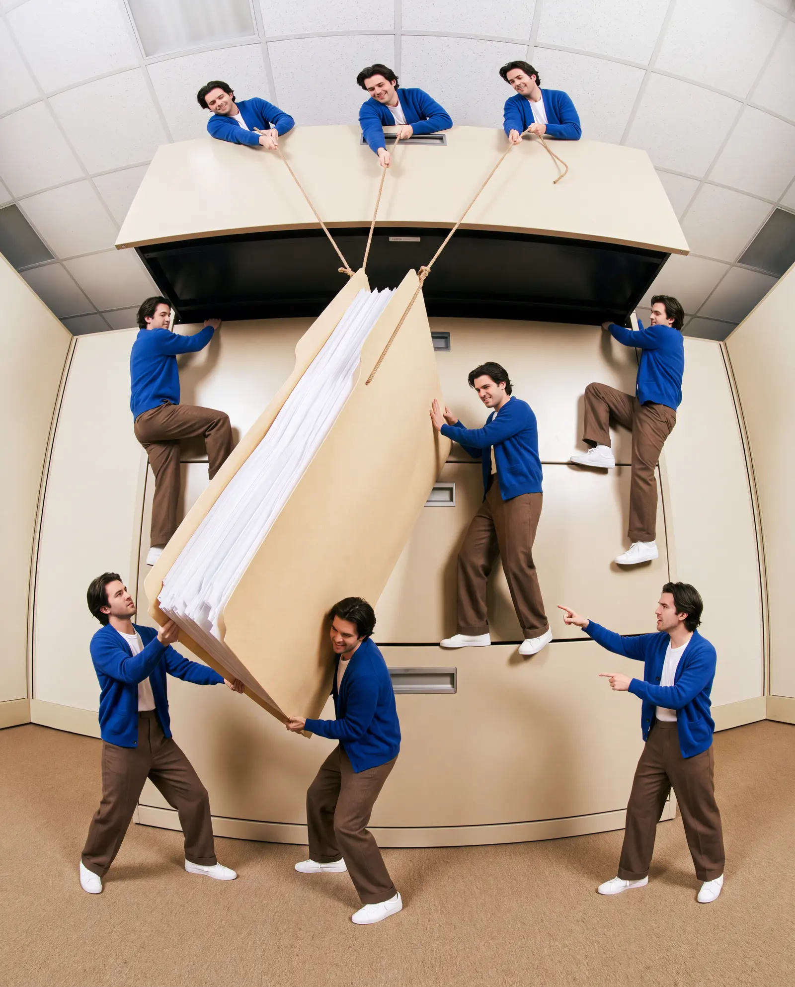 A team of copies of one lawyer hauling a giant file folder out of a filing cabinet