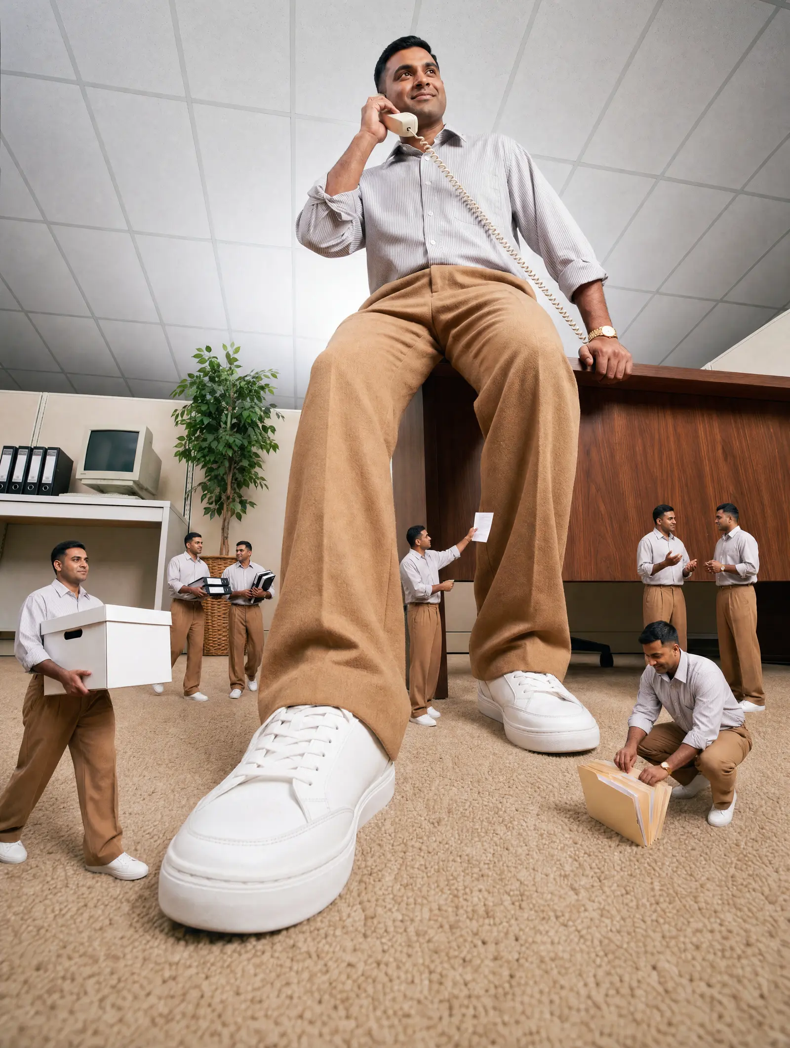 A giant lawyer on the phone sitting on a desk while small copies of him carry boxes and files