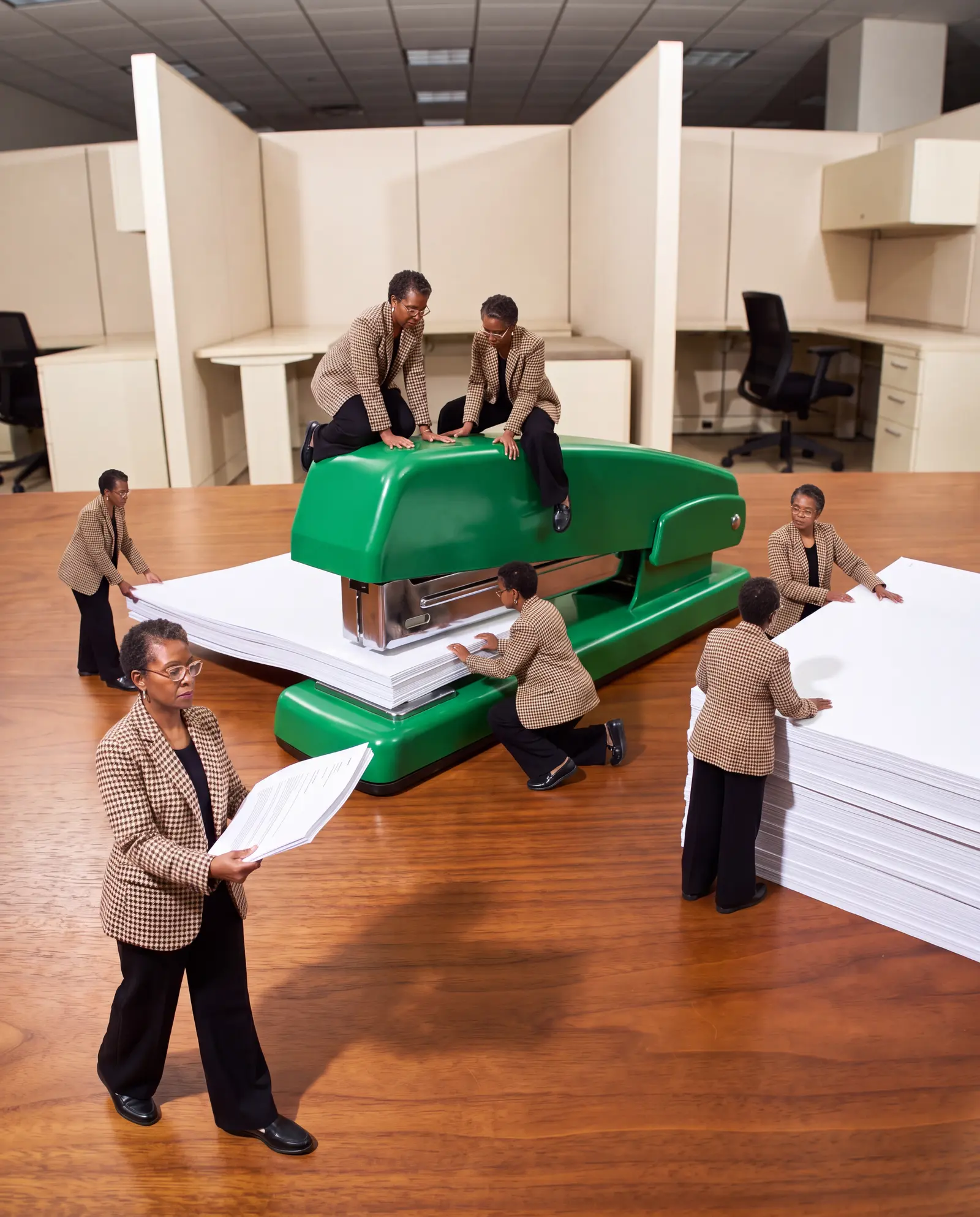 A team of copies of one lawyer feeding a stack of paper through a giant stapler