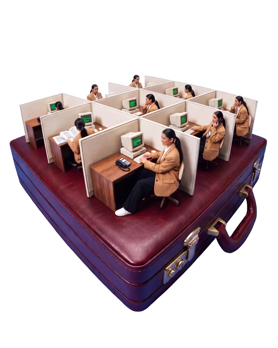 A block of cubicles on top of a briefcase, where copies of one lawyer work at every desk
