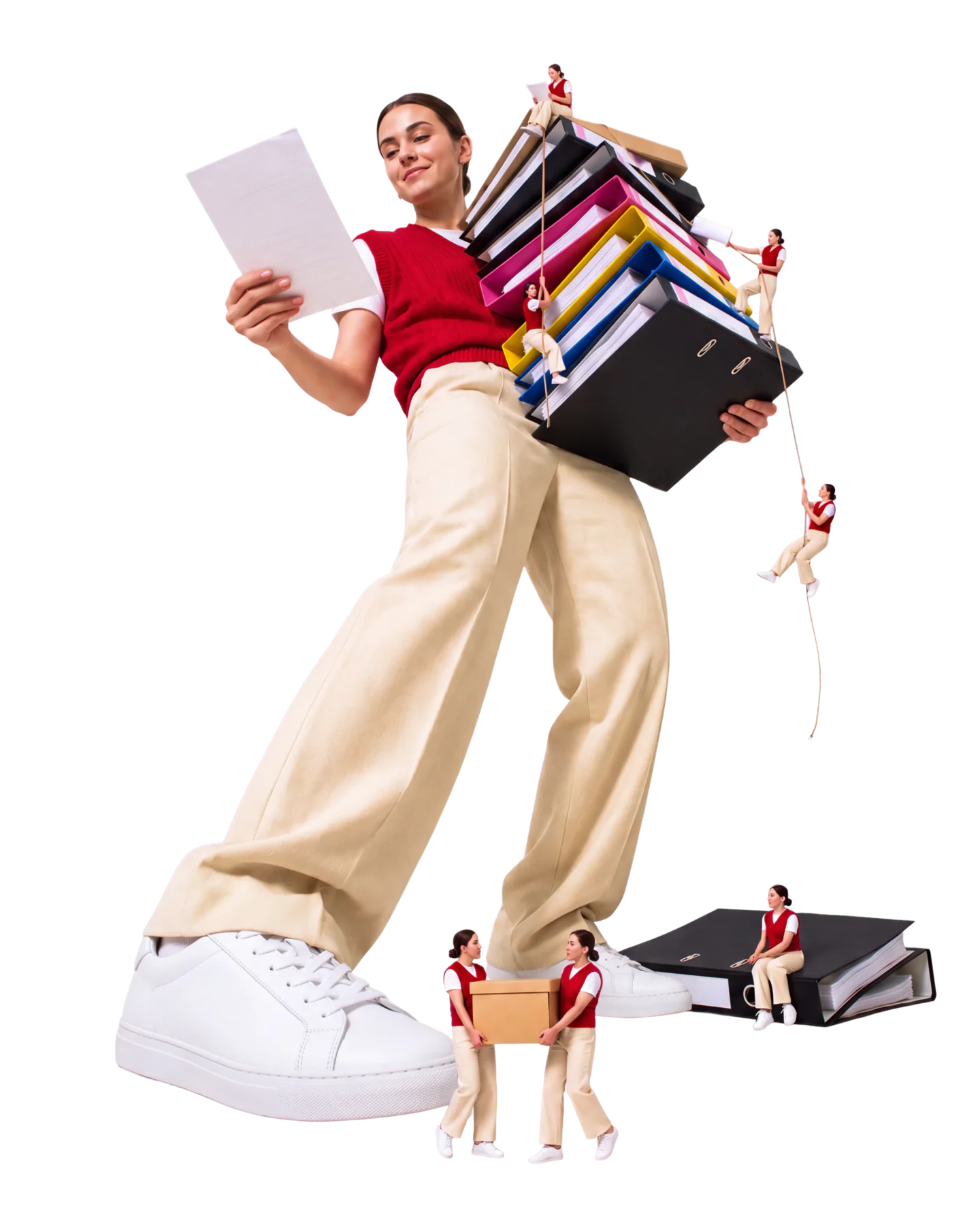 A lawyer reading a page while carrying a tall stack of binders, as a small team climbs and carries files around her