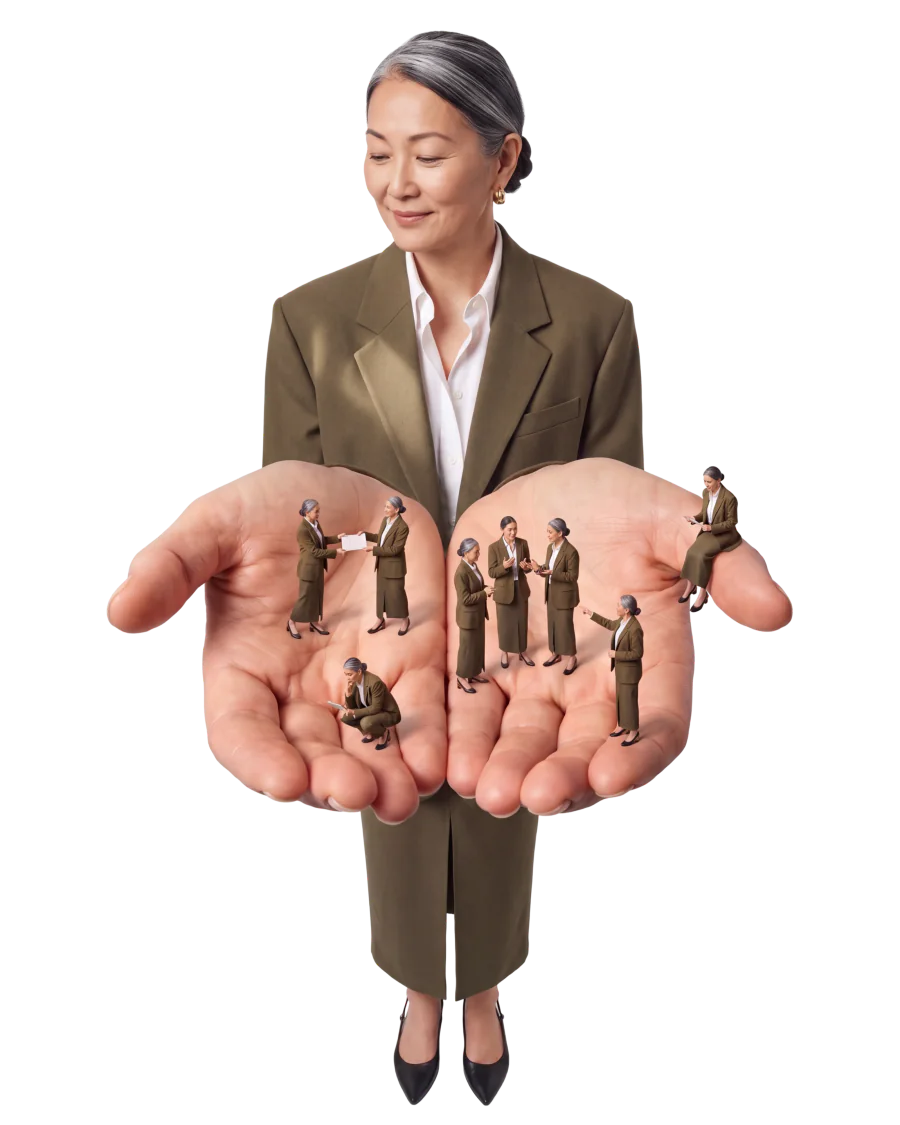 A lawyer holding out her open hands, where a small team of copies of her works